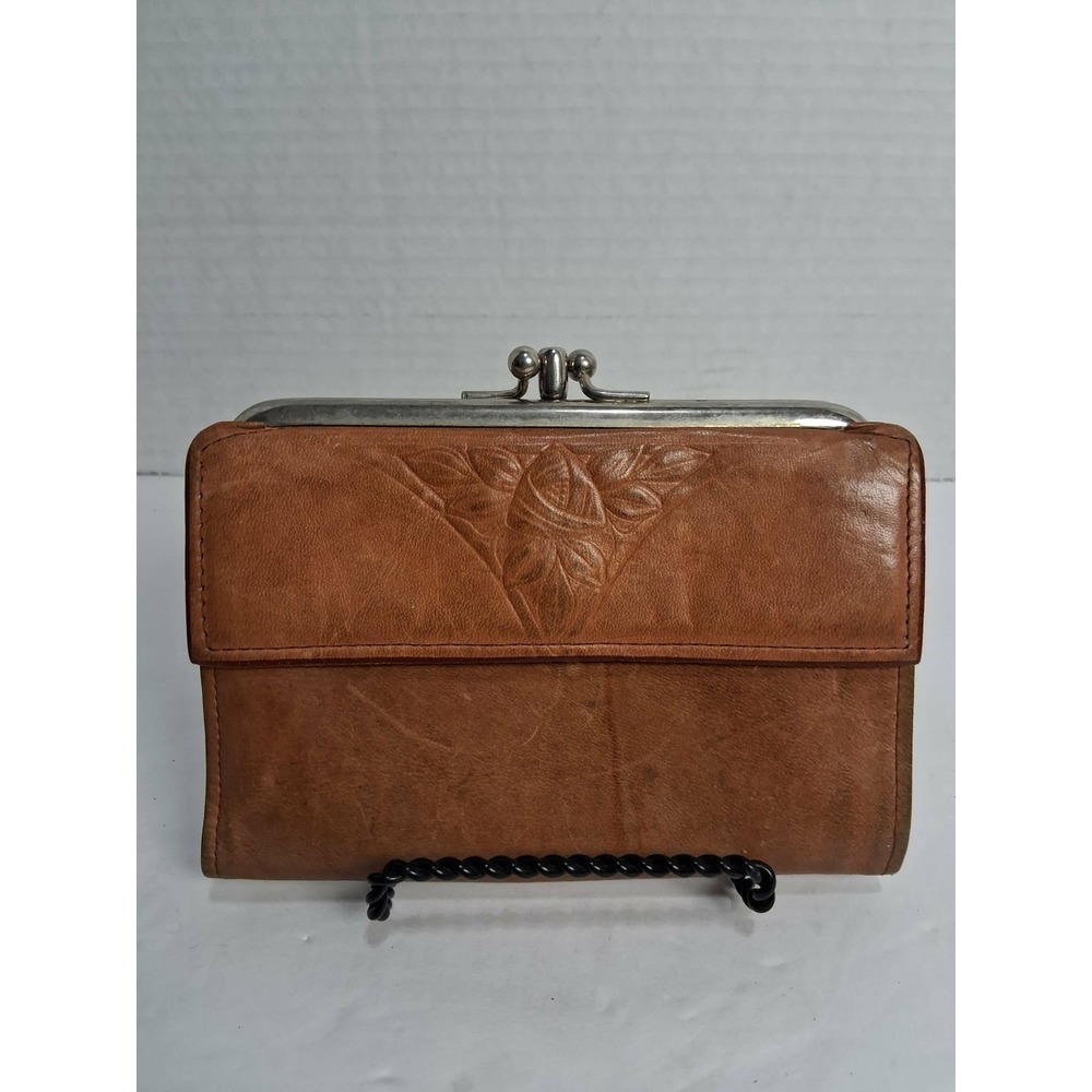 Vintage Rolfs Leather Embossed Floral Coin Kiss Lock Wallet Brown Tri Fold‎ READ